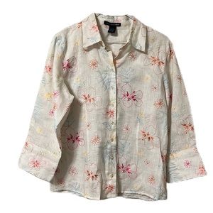 SAINT TROPEZ WEST, 100% Linen Embroidery, Button Down Top, Multi Colors, Large